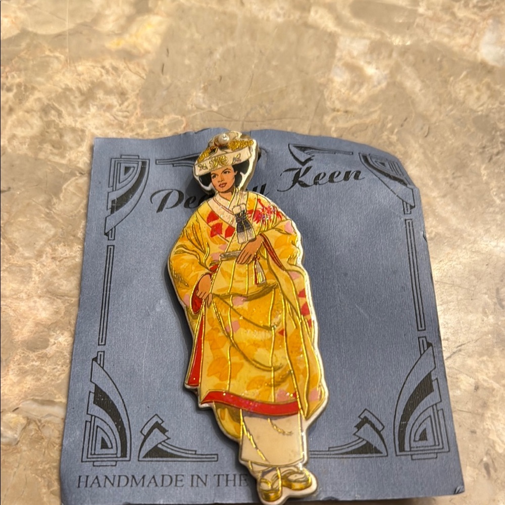 Vintage Peachy Keen Asian Girl made in USA Handmade Yellow Enamel brooch